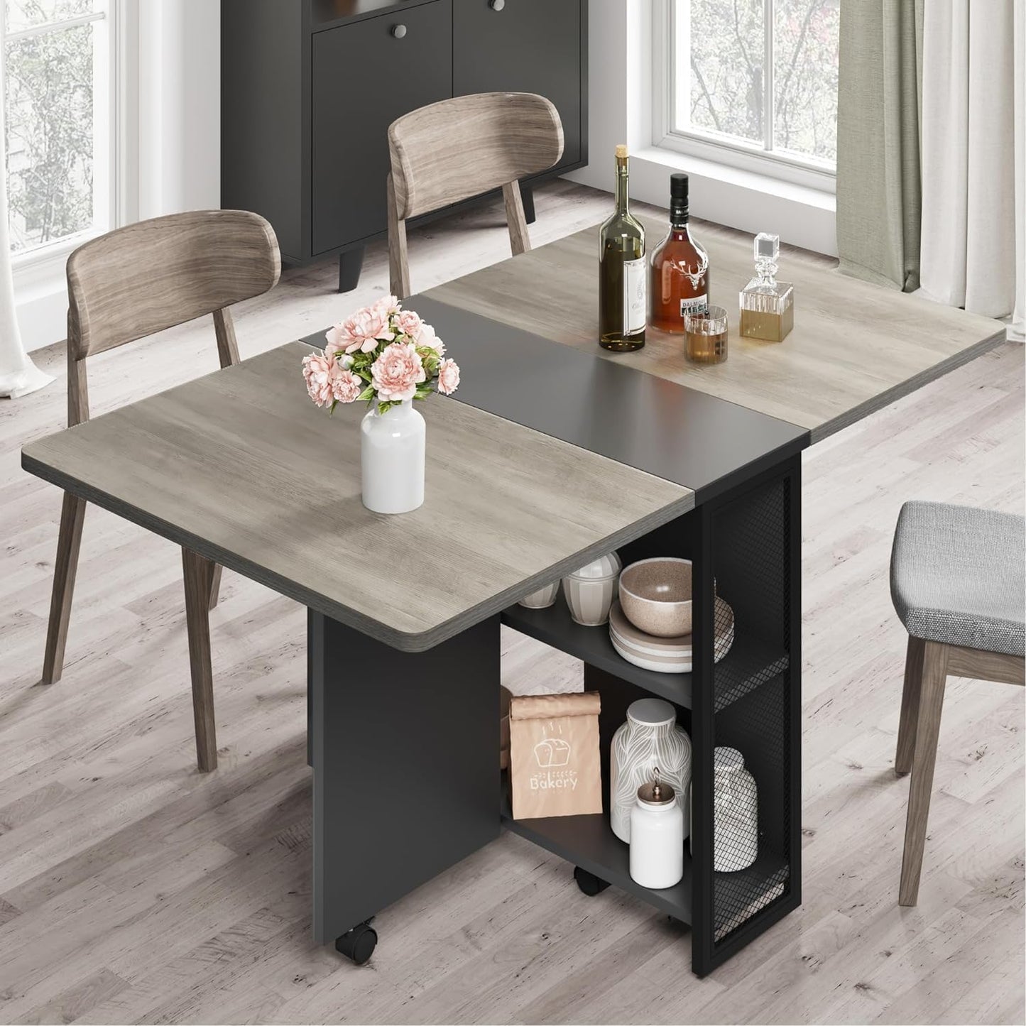 Folding Dining Table, Space Saving Farmhouse Dining Table for 4 Storage Shelf, 6 Wheels Multipose Expandable Kitchen Drop Leaf Table for Small Space (Carlo Grey, 50.1"D X 31.4"W X 29.5"H)