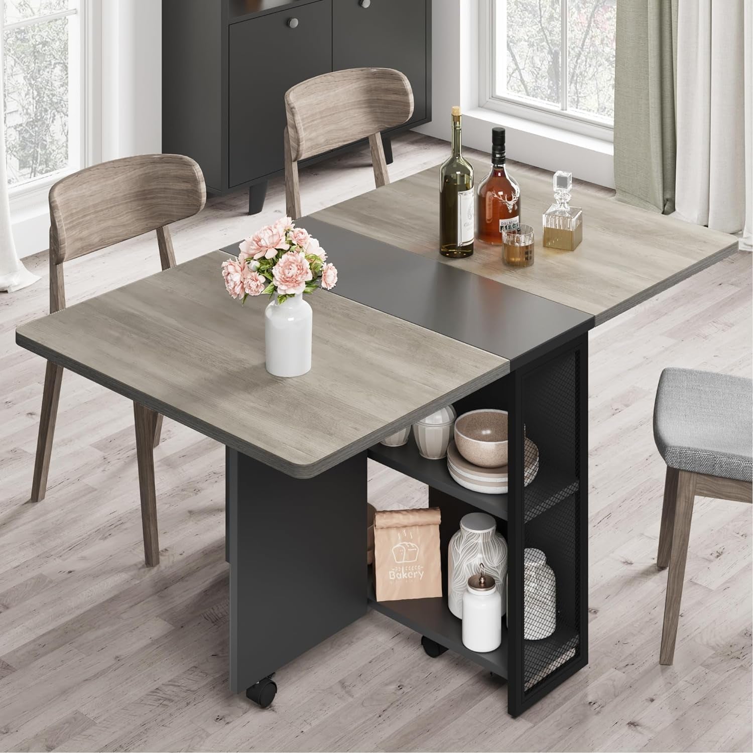 Folding Dining Table, Space Saving Farmhouse Dining Table for 4 Storage Shelf, 6 Wheels Multipose Expandable Kitchen Drop Leaf Table for Small Space (Carlo Grey, 50.1"D X 31.4"W X 29.5"H)