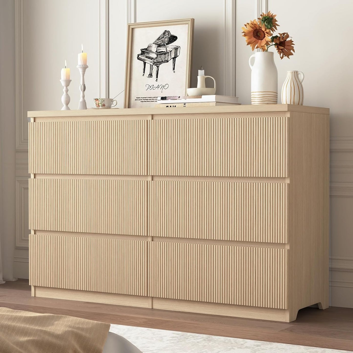 Fluted Dresser for Bedroom,48'' Modern 6 Drawer Dresser with Deep Drawer,Wide Storage Chest of Drawer,Wood Bedroom Storage Organizer Furniture for Living Room,Hallway,Closet