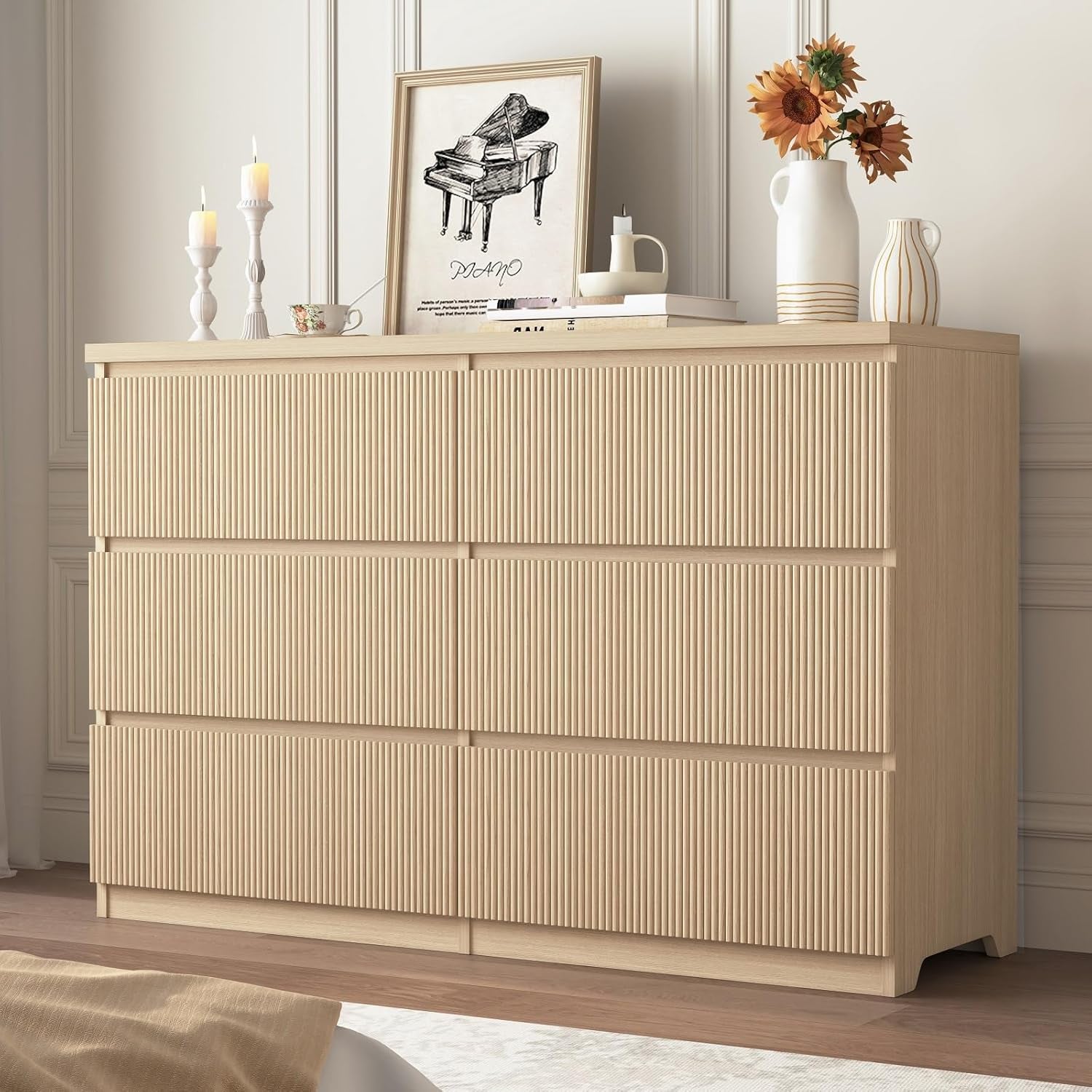 Fluted Dresser for Bedroom,48'' Modern 6 Drawer Dresser with Deep Drawer,Wide Storage Chest of Drawer,Wood Bedroom Storage Organizer Furniture for Living Room,Hallway,Closet