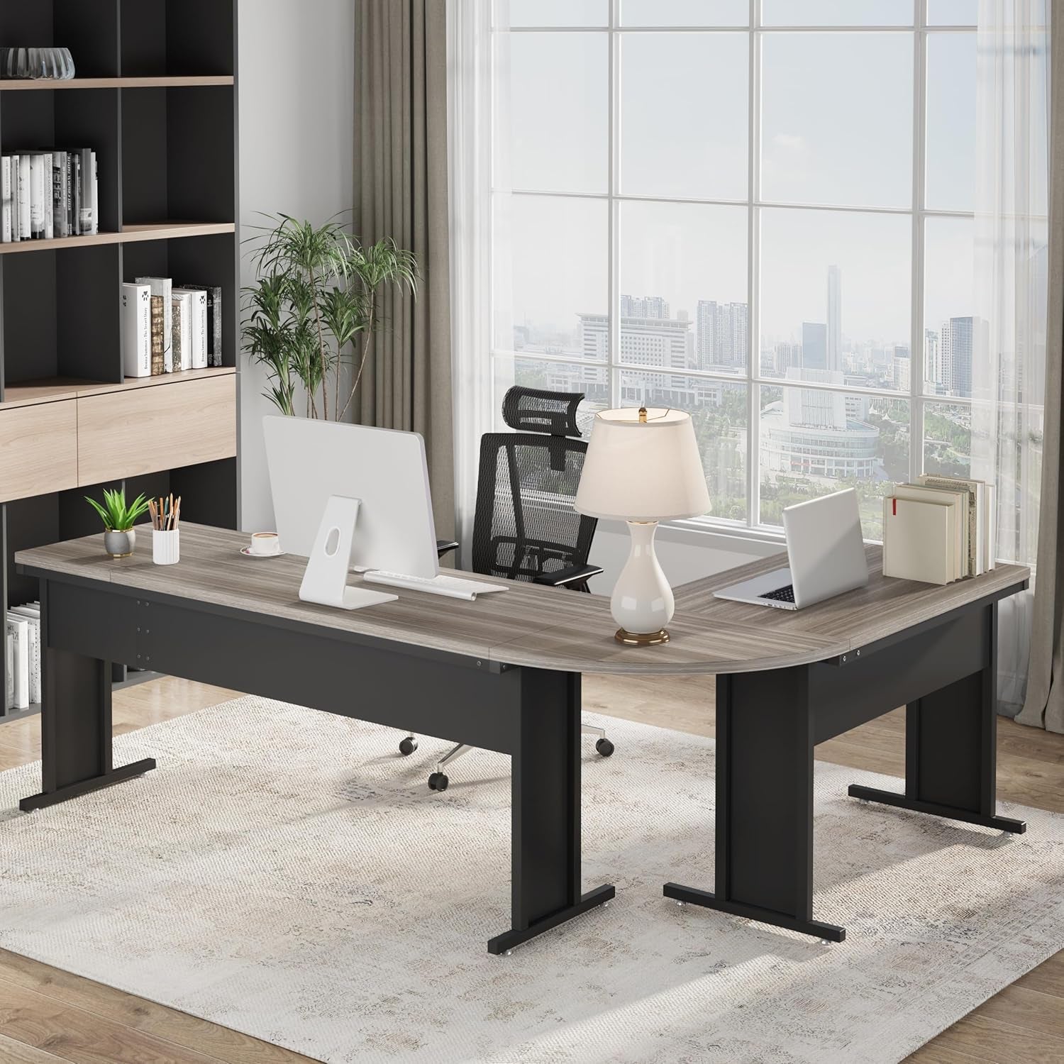 83-Inch Large L Shaped Desk, Reversible Executive Office Desk, Modern Corner Computer Table Business Workstation for Home Office (Grey)