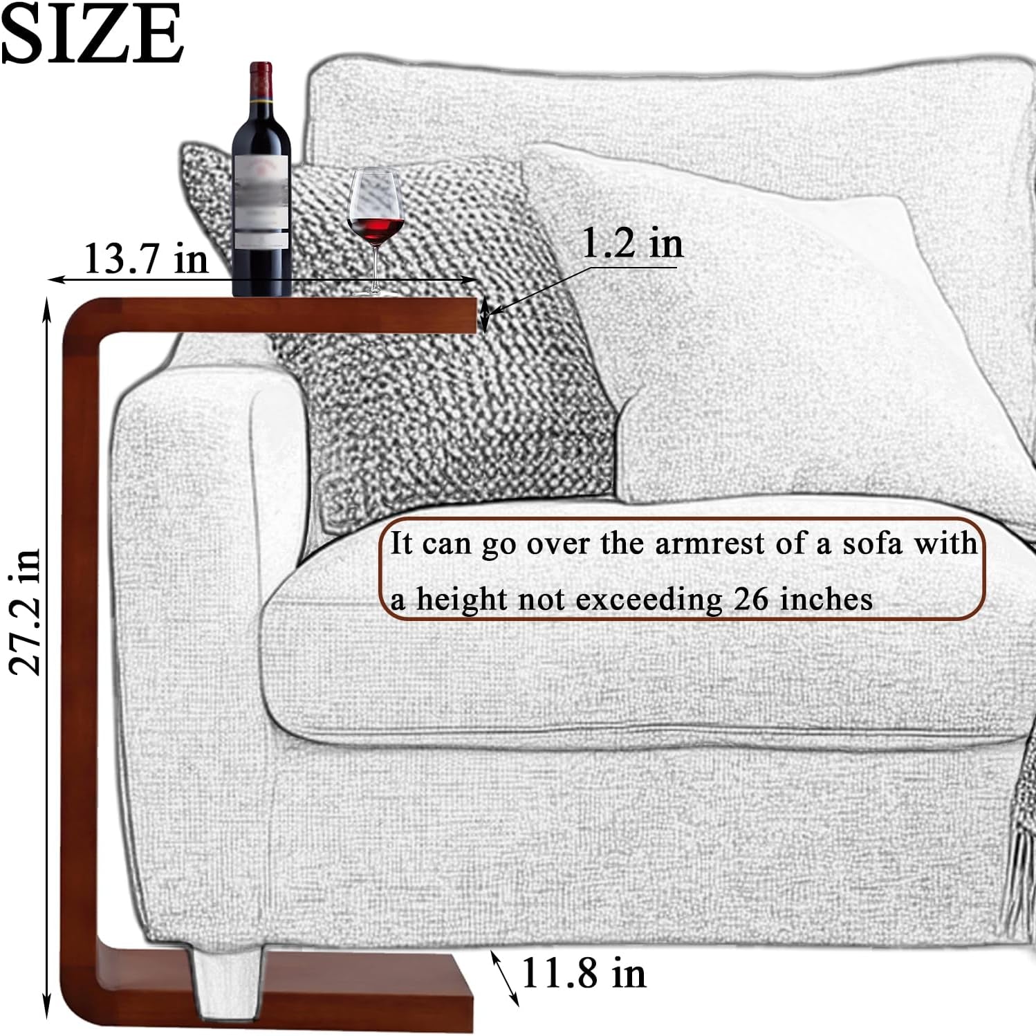 C-Shaped Side Table, Solid Wood End Table for Couch Sofa and Bed, Wooden C Tables for Living Room Bedroom, Small Snack Tray Table for Space Saving (1, 27.2" H-Brown)