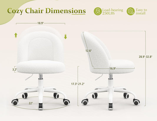 White Vanity Chair with Back, Cute Desk Chair with Wheels, Armless Office Chair Height Adjustable, Soft Lumbar Support for Small Space, Bedroom