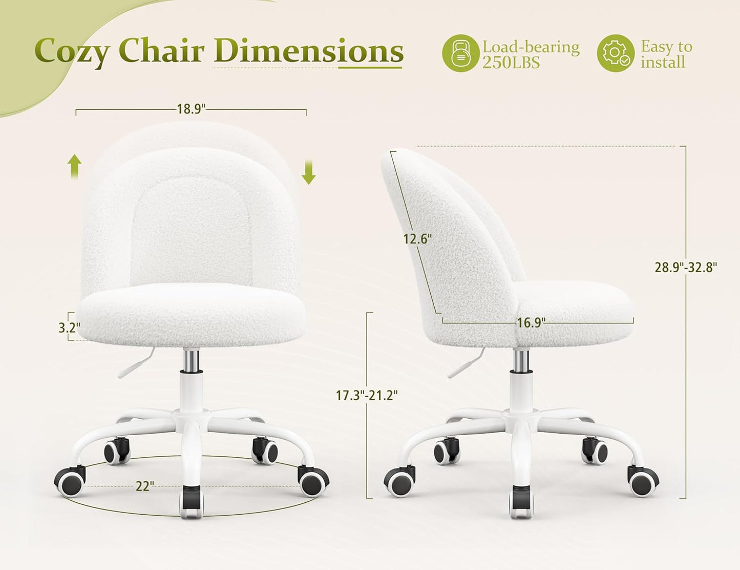 White Vanity Chair with Back, Cute Desk Chair with Wheels, Armless Office Chair Height Adjustable, Soft Lumbar Support for Small Space, Bedroom