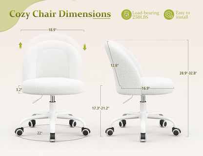 White Vanity Chair with Back, Cute Desk Chair with Wheels, Armless Office Chair Height Adjustable, Soft Lumbar Support for Small Space, Bedroom