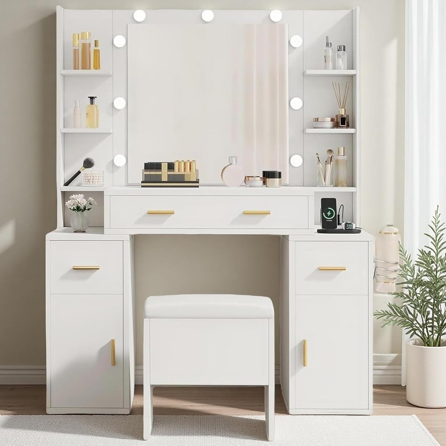 Vanity Desk with Large Mirror and LED Lights, Makeup Vanity Table Set with Power Outlets, Comfy Stool & Storage Drawers, Shelves and Cabinets, 3 Lighting Modes Makeup Table, Dressing Room, White