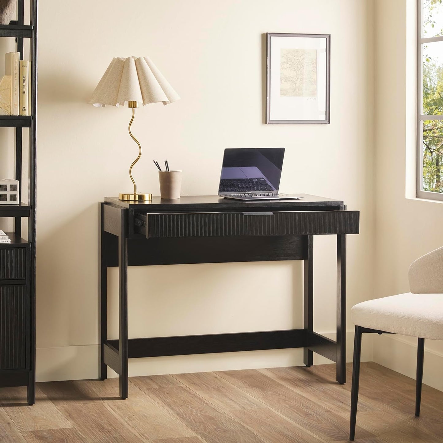 Transitional Office Design, Reeded Drawer Front Detail, Writing Desk with Drawer, Spacious Desktop, Complementary in Living Spaces, 38”W X 16.75”D X 30”H, Black
