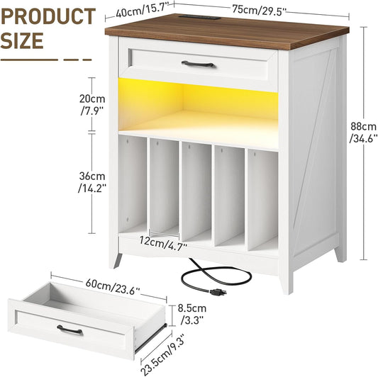 Large Record Player Stand with Charging Station, Vinyl Record Storage Cabinet with Drawer and LED, Turntable Display Table for Living Room, Books, Rustic White and Walnut