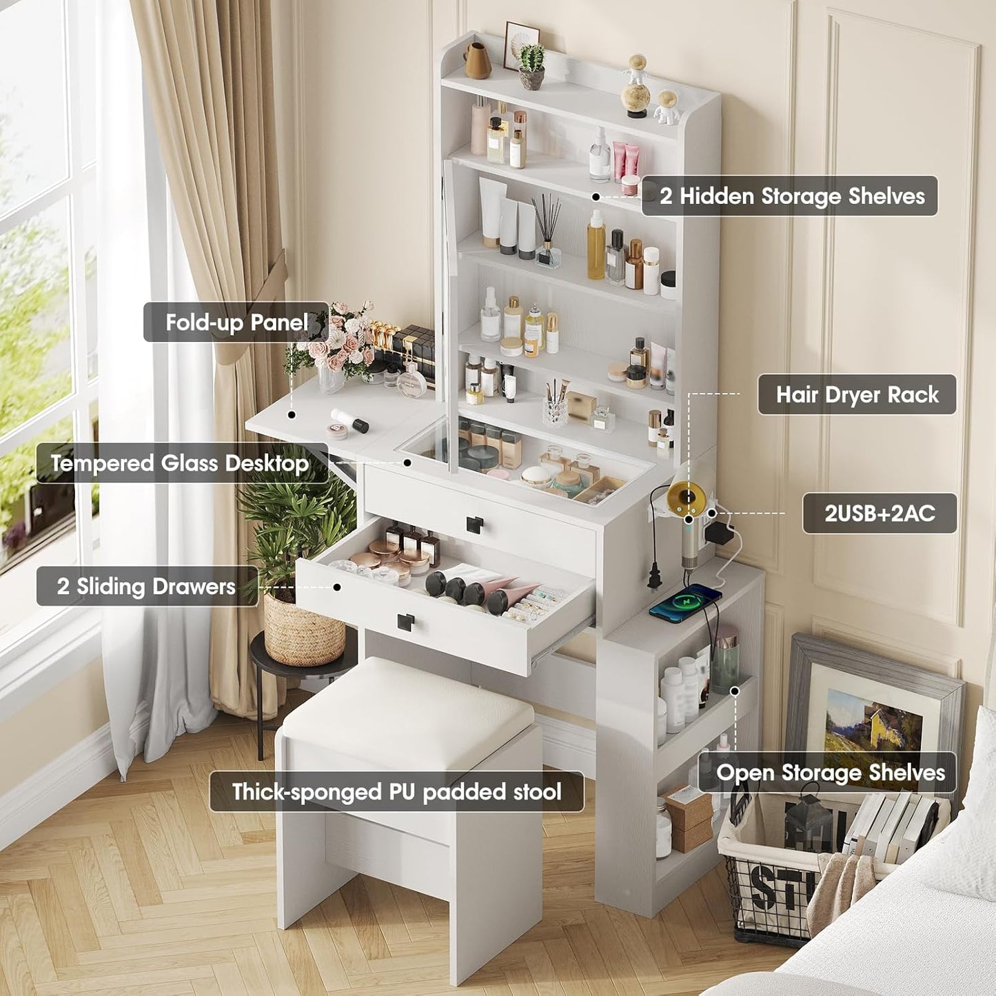 Small Makeup Vanity Desk with 3 Adjustable Lighted Mirror, White Vanity Set with Fold-Up Panel and Charging Station, Glass Top Dressing Table with Drawers and Chair, 2 Hidden Storage Shelves