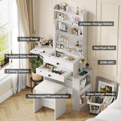 Small Makeup Vanity Desk with 3 Adjustable Lighted Mirror, White Vanity Set with Fold-Up Panel and Charging Station, Glass Top Dressing Table with Drawers and Chair, 2 Hidden Storage Shelves