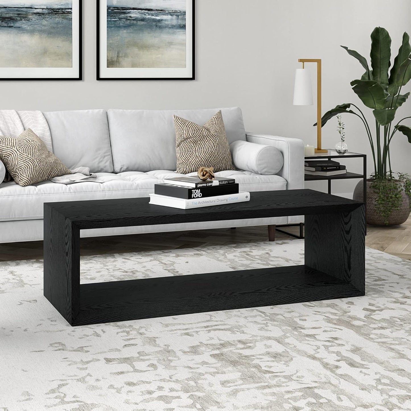 58" Rectangular Coffee Table with Open Storage Shelf for Living Room, Family Room, or Office, Black Grain