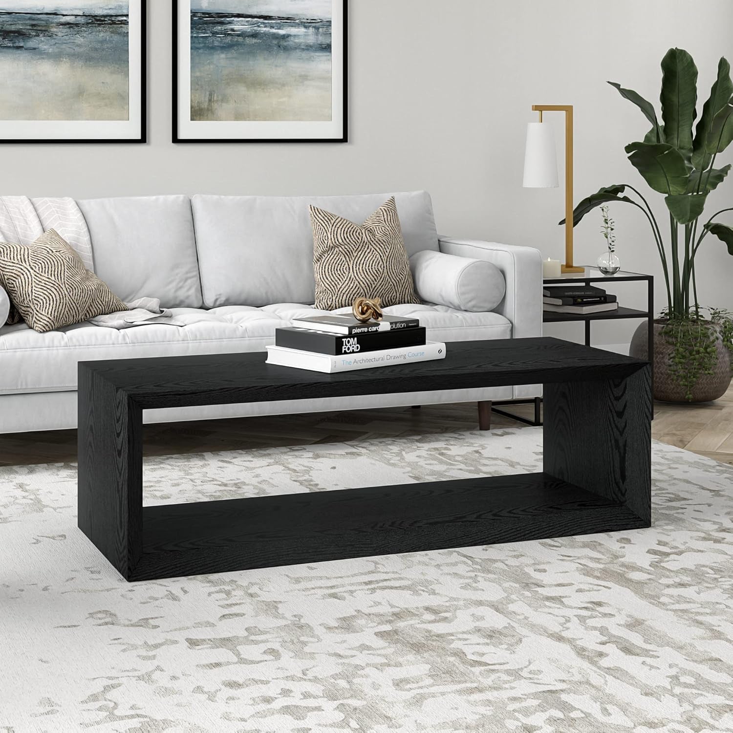 58" Rectangular Coffee Table with Open Storage Shelf for Living Room, Family Room, or Office, Black Grain