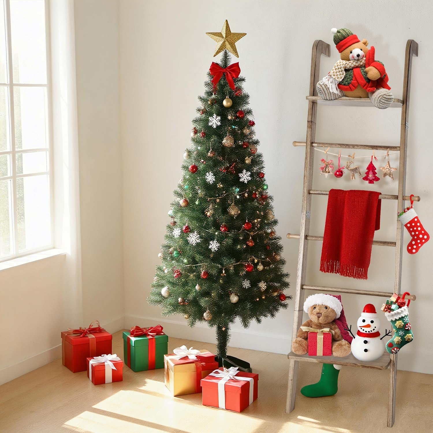 Wooden Ladder with Shelf for Room Decor, 6-Tier Decor Ladder with Non-Slip Mat & Hooks, Farmhouse Style Leaning Wall Display Holder