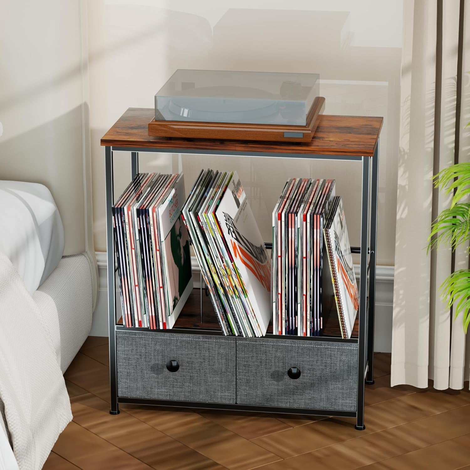 Record Player Stand with Vinyl Storage, 2-Tier Record Shelf Table with Fabric Drawer, Holds up to 110 Vinyl Records, Record Player Table for Turntable and Albums, 23.62"D × 11.81" W× 25.59"H