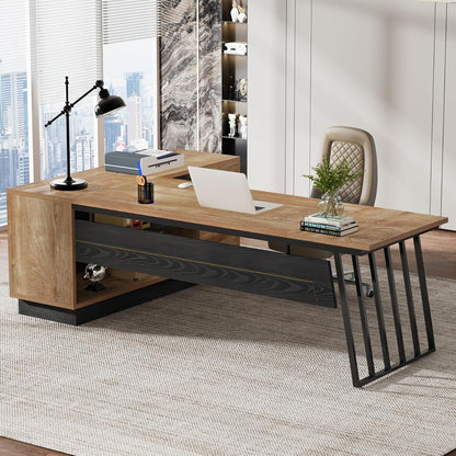 71-Inch Executive Desk, L-Shaped Desk with Cabinet, Large Office Desk with Drawers and Storage Shelves, Writing Table Computer Desk for Home Office, Oak and Black