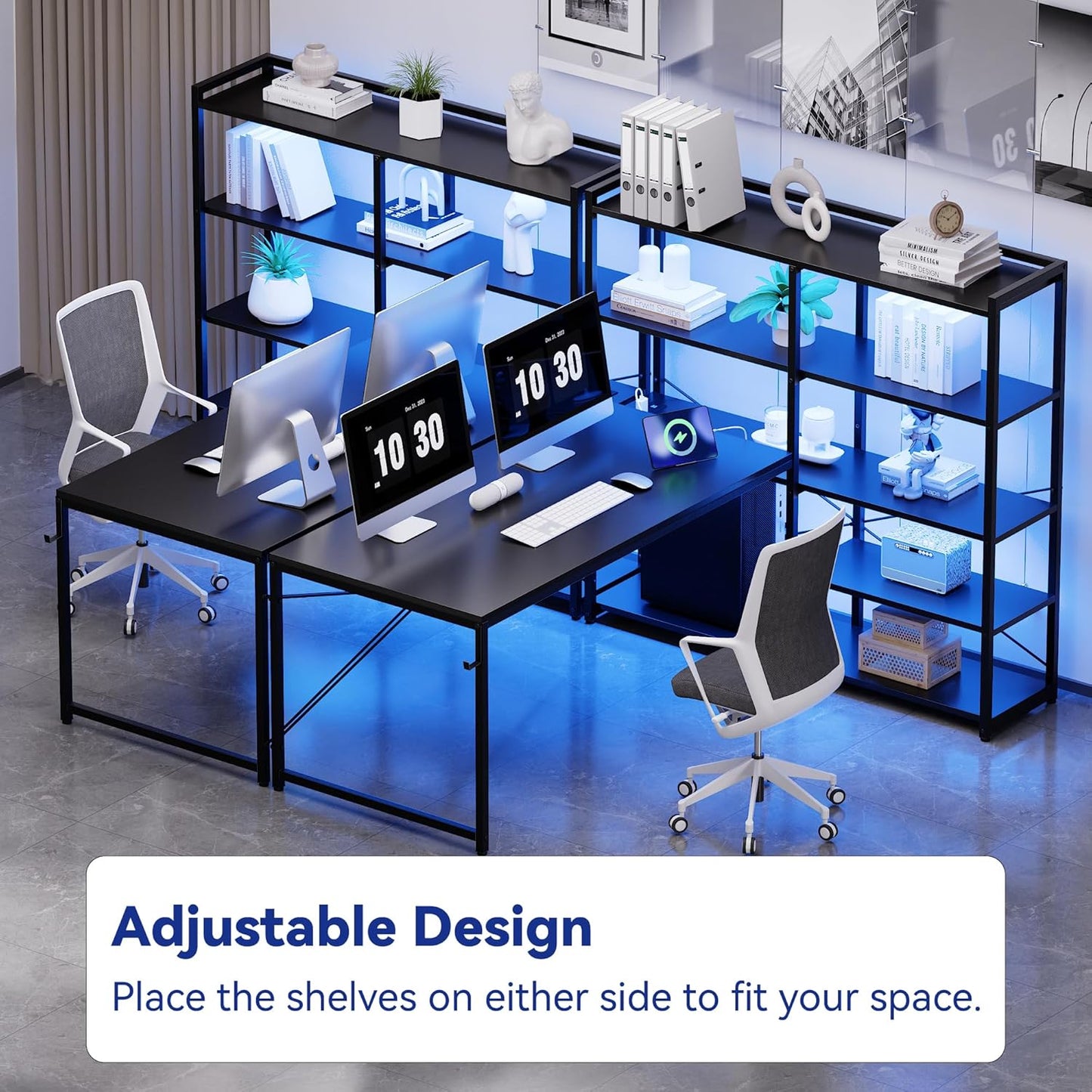 L Shaped Computer Desk with Reversible Side Storage Shelves, 49 Inch Gaming Desk with Power Outlets and Led Lights, PC Table for Home Office and Bedroom Black