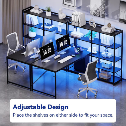 L Shaped Computer Desk with Reversible Side Storage Shelves, 49 Inch Gaming Desk with Power Outlets and Led Lights, PC Table for Home Office and Bedroom Black