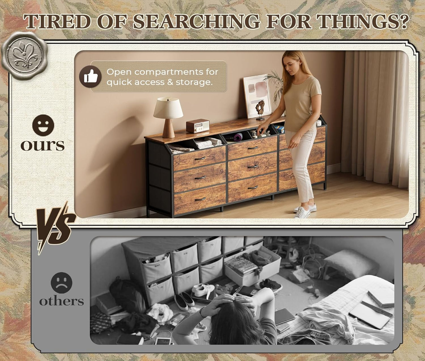 63 Inch Long Dresser for Bedroom, Large Open Storage Drawers, Dresser for Closet with 9 Fabric Drawers, TV Stand for 55, 65, 70 Inch TV, 63" W X 13.7" D X 26.7" H, Rustic Brown