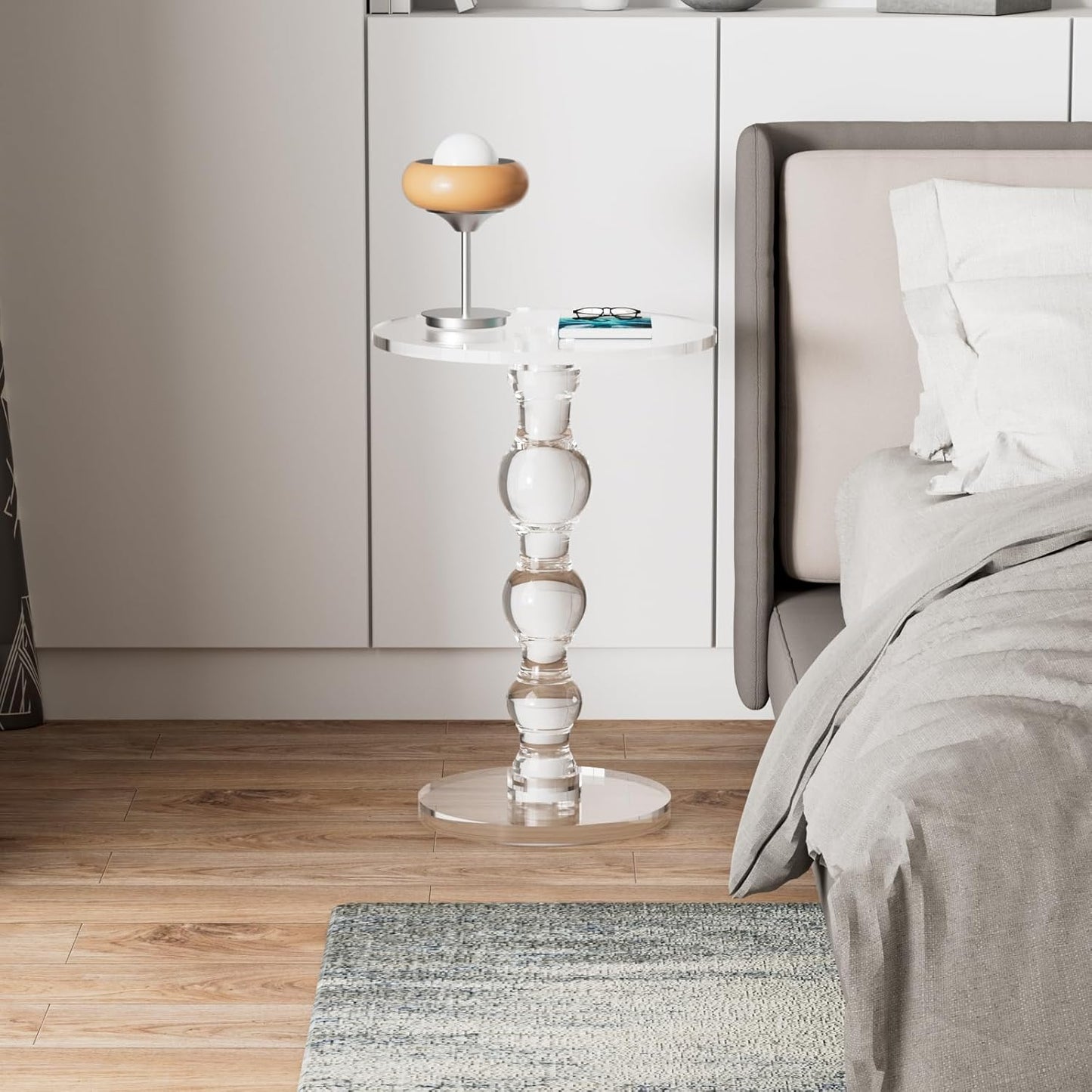 Acrylic Side Table, Acrylic End Table, Clear Small round Side/End Tables with Support Rod, Modern Drink Table/Nightstand for Living Room Bedroom Lobby Balcony, 15.7'' L X 15.7'' W X 22.6'' H