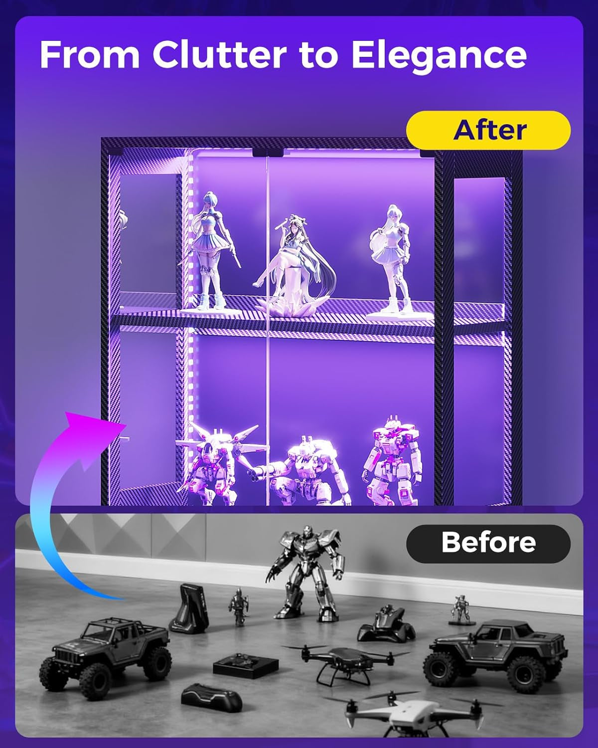 Display Cabinet with RGB Lights, 4-Tier Display Case with Glass Doors and Storage Shelves, Glass Cabinet Shelf for Collectibles and Gamers, Black Curio Cabinet for Game Room