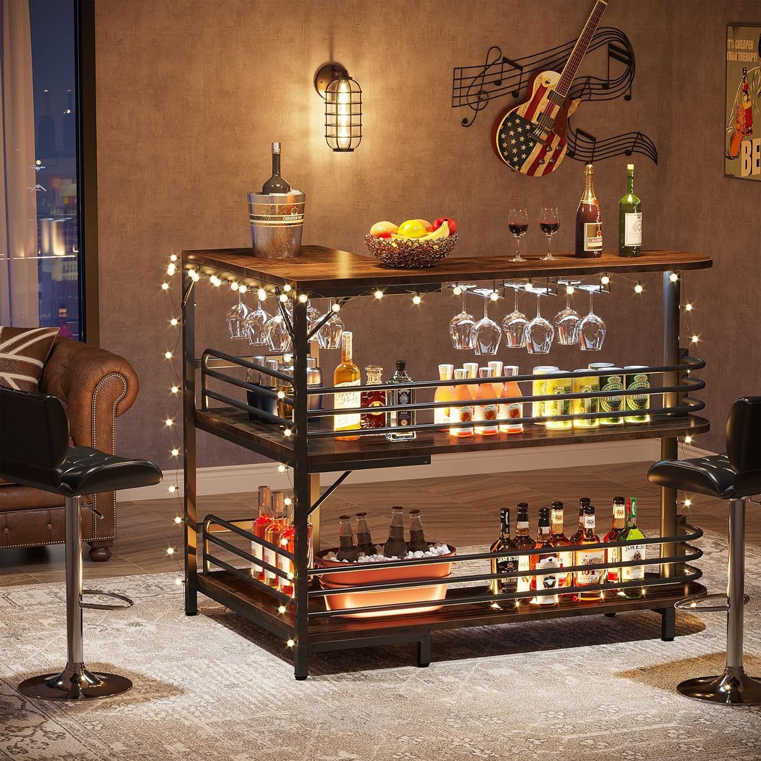 L-Shaped Home Bar Unit, 3 Tier Liquor Table with Storage Shelves and Wine Glasses Holder, Industrial Corner Wine Cabinet Mini Bar for Home Kitchen Pub, Rustic Brown