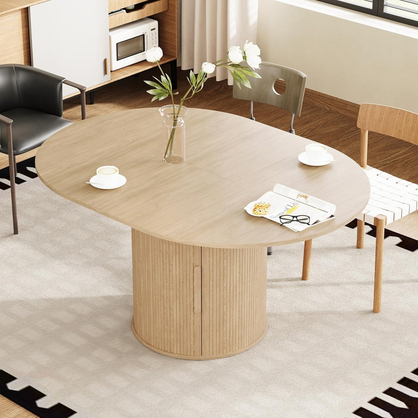 43"-59" Extendable round to Oval Dining Table with Hidden Storage, Modern Wooden Kitchen Table with Fluted Sliding Door Cabinet, Expandable Dinner Table for Dining Room Living Room (Natural)