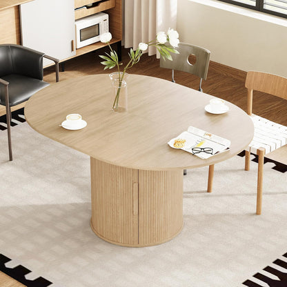 43"-59" Extendable round to Oval Dining Table with Hidden Storage, Modern Wooden Kitchen Table with Fluted Sliding Door Cabinet, Expandable Dinner Table for Dining Room Living Room (Natural)