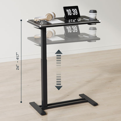 H7 Adjustable Overbed Bedside Table with Wheels Pneumatic Mobile Standing Desk Laptop Desk Rolling Computer Cart Movable Overbed Tables Hospital Home Use(27.6" W X 15.7" D, Black Table)