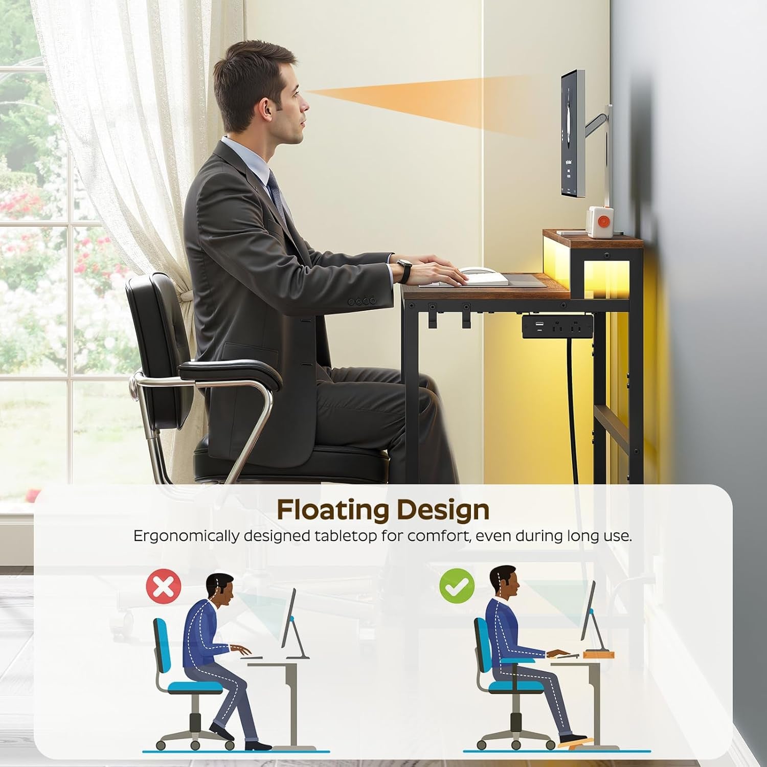 Small Computer Desk with Charging Station and LED Lights, Gaming Desk with Monitor Stand, 2-Tier Home Office Desk with 4 Side Hooks, for Living Room, Home Office, Rustic Brown DN01UDBRY2