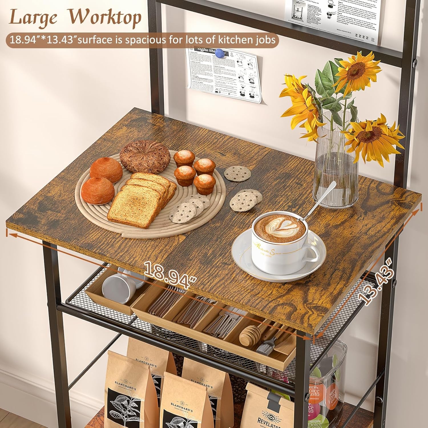 5 Tier Coffee Bar Station, Kitchen Stand with 4 S-Shaped Hooks, Farmhouse Corner Coffee Bar Cabinet for Small Spaces, Bakers Rack for Kitchen, Entryway, Living Room, 13.43"D X 18.93"W X 53.31"H