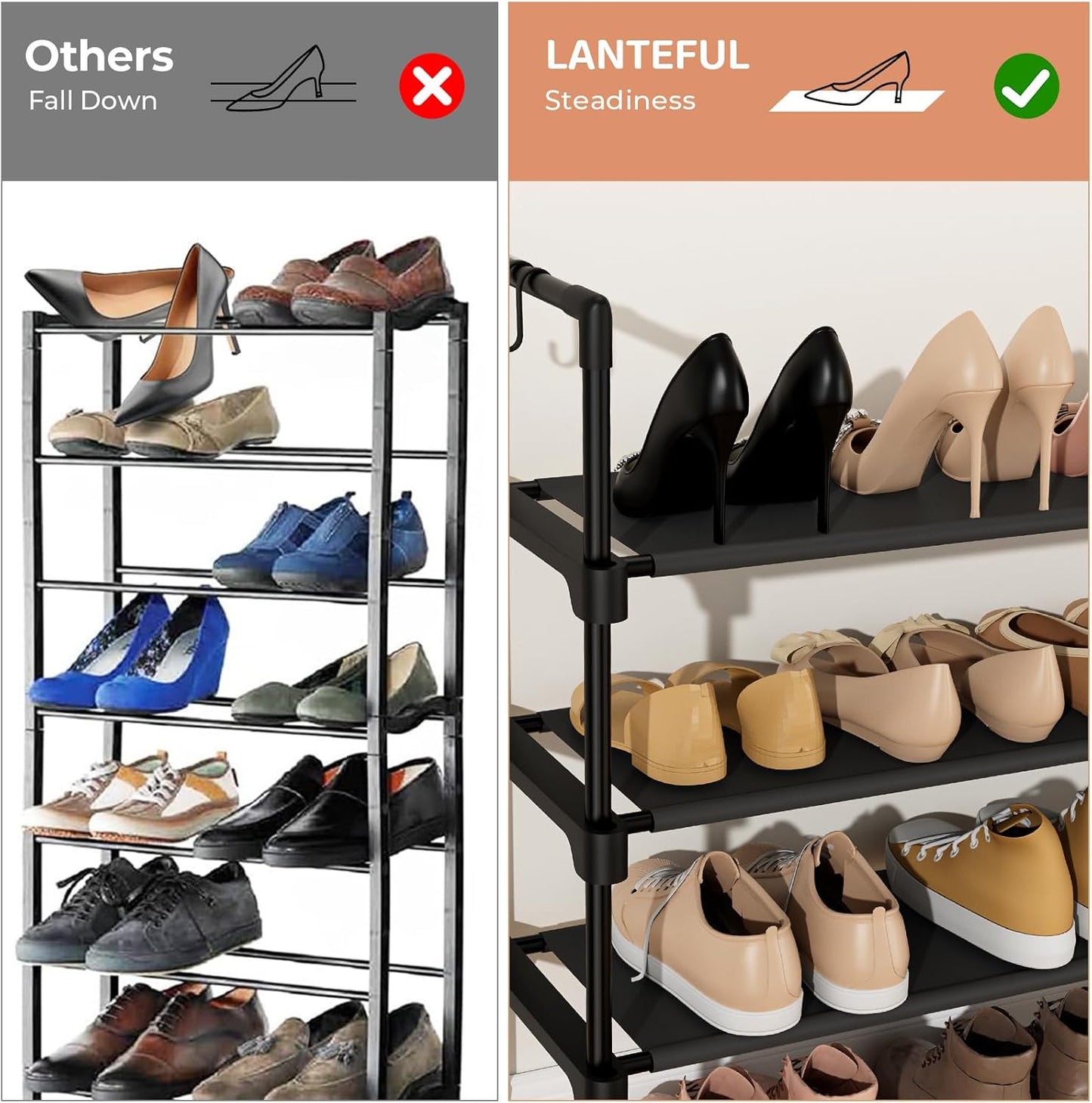 3 Tier Shoe Rack for Closet, Shoe Organizer with 5 Hooks, Long Shoe Shelf Storage for Sneaker and Boot Stackable Free Standing Shoe Rack for Entryway, Garage, Small Spaces, Dorm