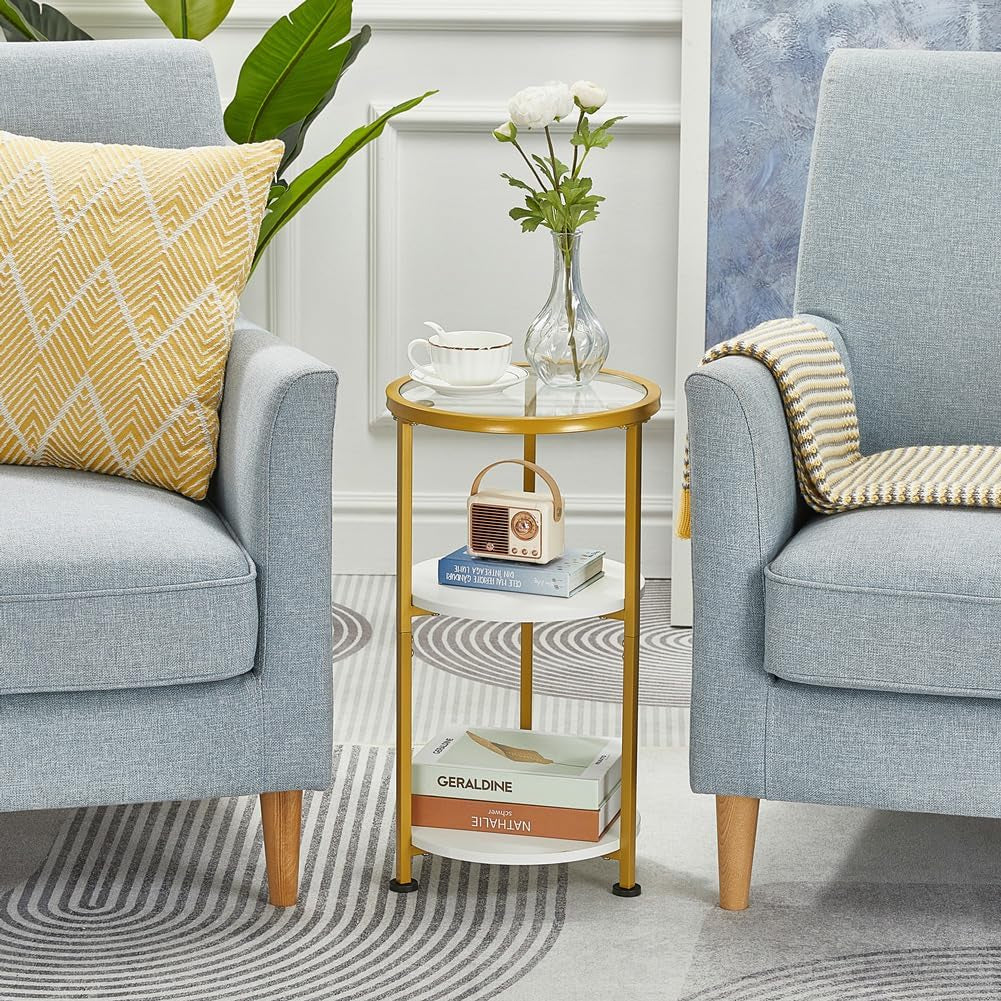 Glass Side Table, Tempered Glass Small round Side Table with 3-Tier Storage Shelves for Small Spaces, Modern Glass round End Table for Living Room, Bedside Nightstand for Bedroom (White+Gold)