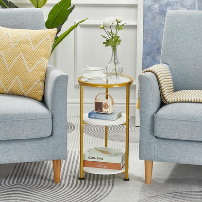 Glass Side Table, Tempered Glass Small round Side Table with 3-Tier Storage Shelves for Small Spaces, Modern Glass round End Table for Living Room, Bedside Table Nightstand for Bedroom (Black)