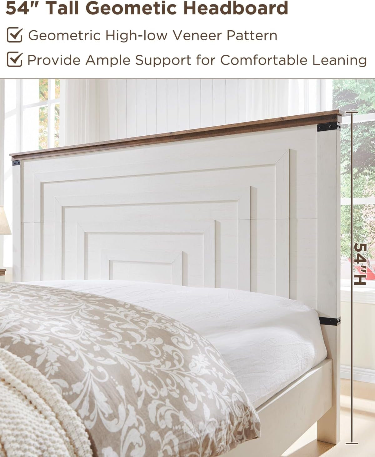 Farmhouse Queen Size Bed Frame with 54" Tall Geometric Headboard & 2 Large Storage Drawers, Rustic Wood Platform Bed with Wood Slats Support, No Box Spring Needed, Antique White