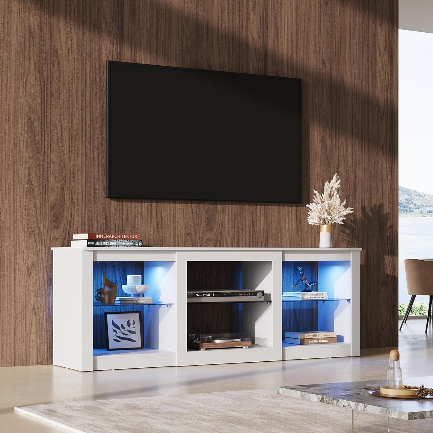 LED TV Stand for 65-Inch TV, 58-Inch Entertainment Center with Adjustable Glass Shelves, Modern Media Console for Living Room & Bedroom, White