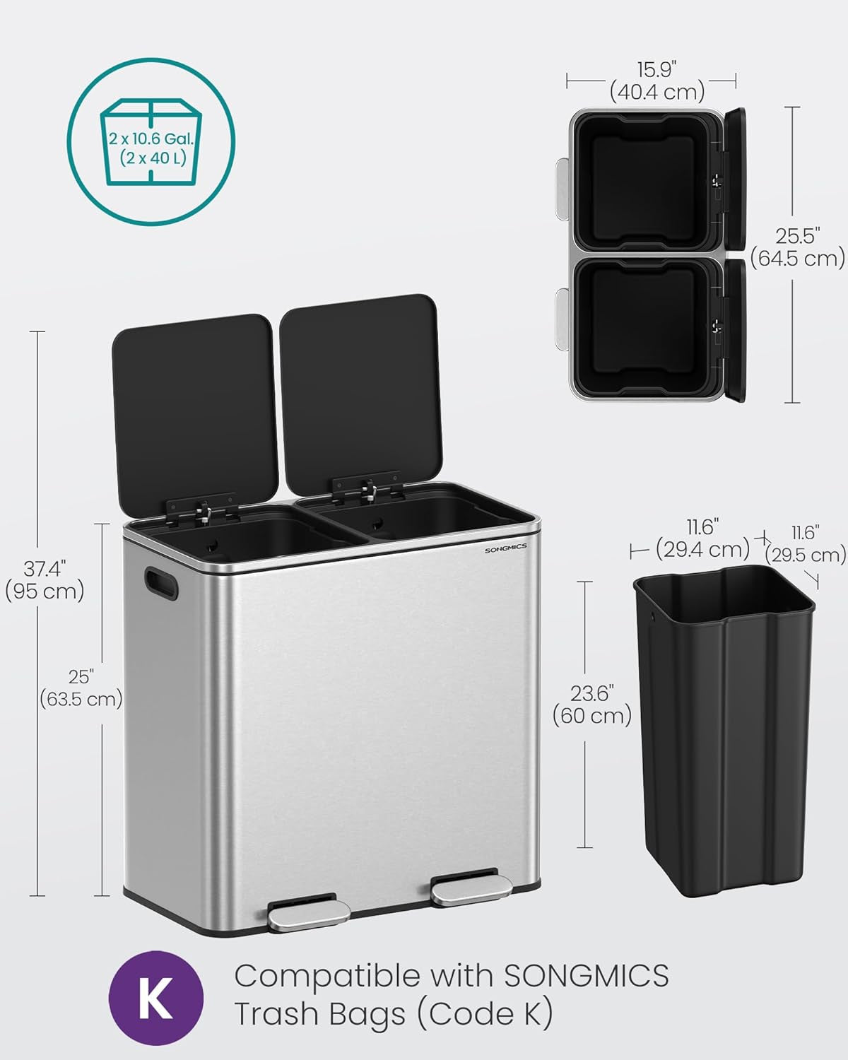 Trash Can, 2 X 10.6 Gallon (2 X 40 L) Garbage Can for Kitchen, with 15 Trash Bags, 2 Compartments, Plastic Inner Buckets and Hinged Lids, Airtight, Silver and Black ULTB730E80