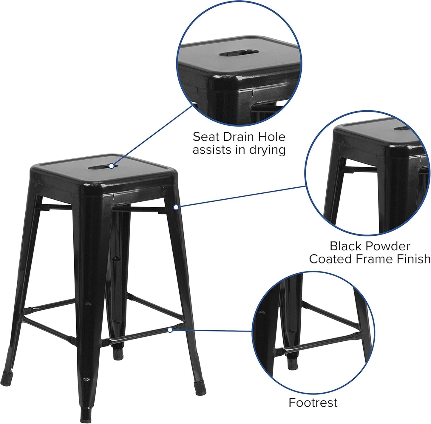 Lily 4 Pack Commercial Grade 24" High Backless Black Metal Indoor-Outdoor Counter Height Stool with Square Seat