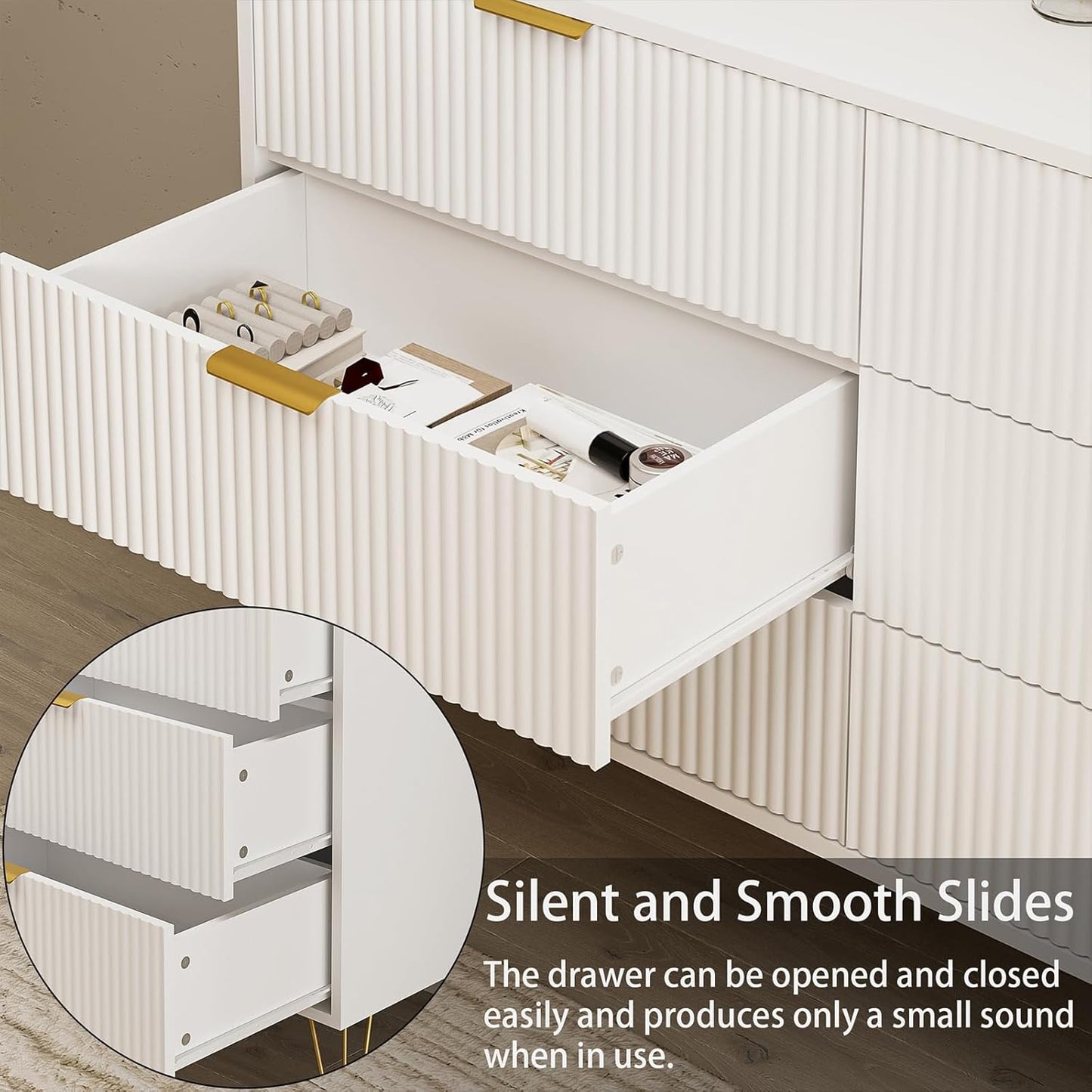 White 6 Drawer Dresser with Golden Handle, Fluted Wood Dressers, Modern Chest for Bedroom, Living Room, Hallway, Entryway