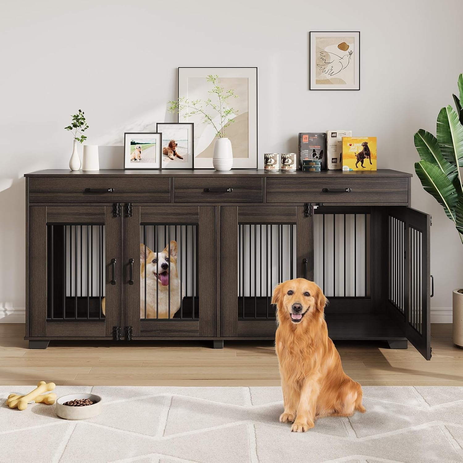 71 in Large Dog Crate Furniture for 2 Dogs with 3 Drawers, Heavy Duty Double Indoor Dog Kennel and TV Stand for Medium Large Dogs, Walnut