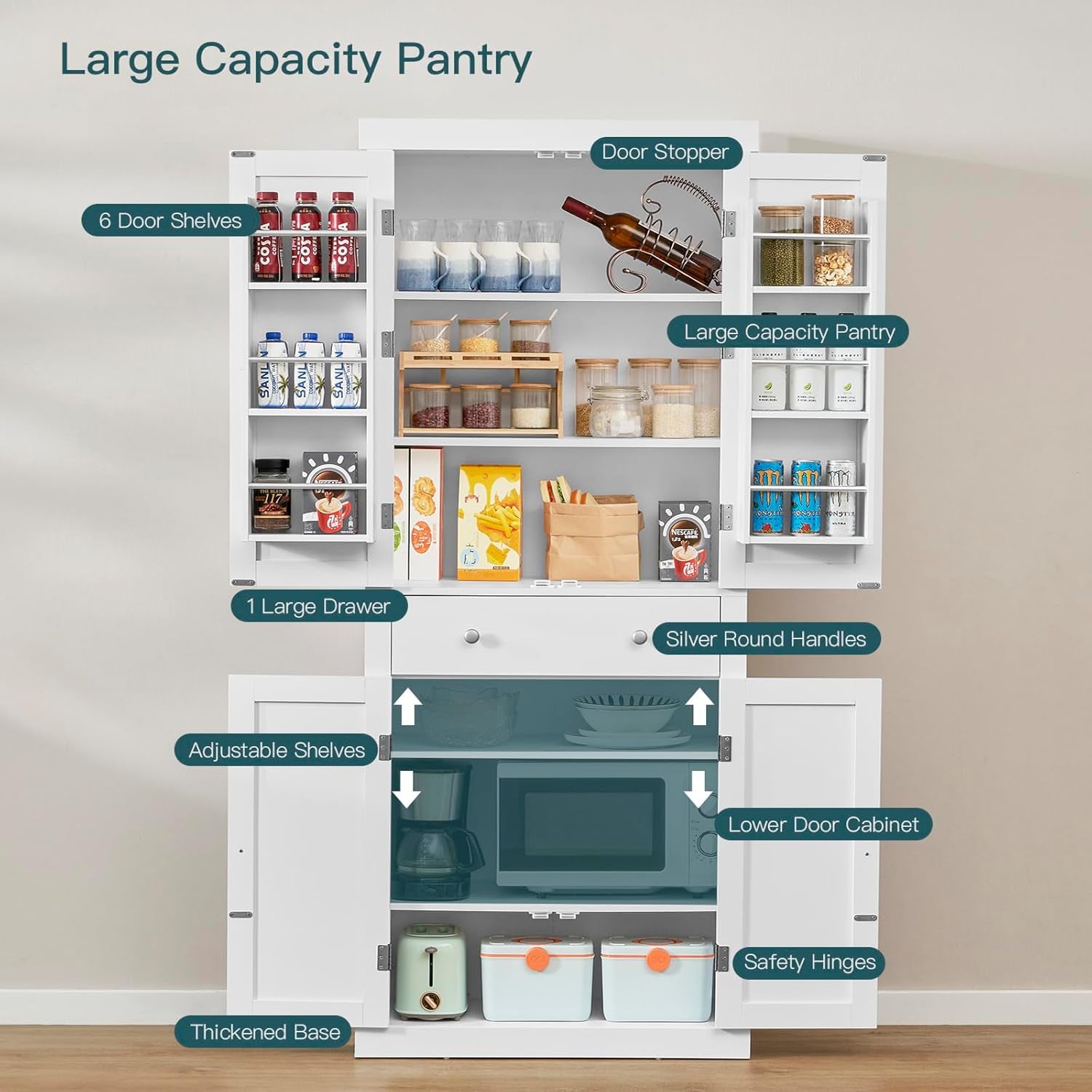 72” Pantry Cabinet, Tall Kitchen Storage Cabinet with 4 Doors and 1 Drawer, Cupboard with 6 Hanging Shelves and Adjustable Shelves for Kitchen, Dining Room, Living Room, White