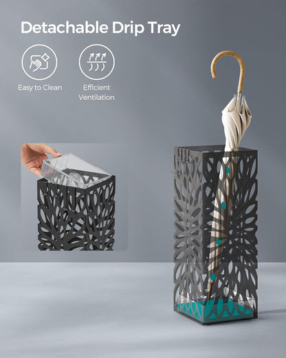 Umbrella Stand, Umbrella Holder for Entryway, Steel Square Umbrella Rack Organizer Freestanding, for Canes Walking Sticks, with a Detachable Drip Tray, 4 Hooks, Black ULUC026B33