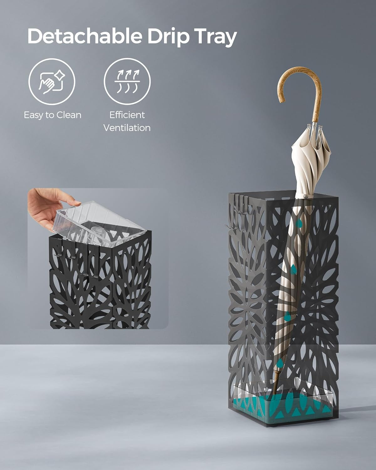 Umbrella Stand, Umbrella Holder for Entryway, Steel Square Umbrella Rack Organizer Freestanding, for Canes Walking Sticks, with a Detachable Drip Tray, 4 Hooks, Black ULUC026B33