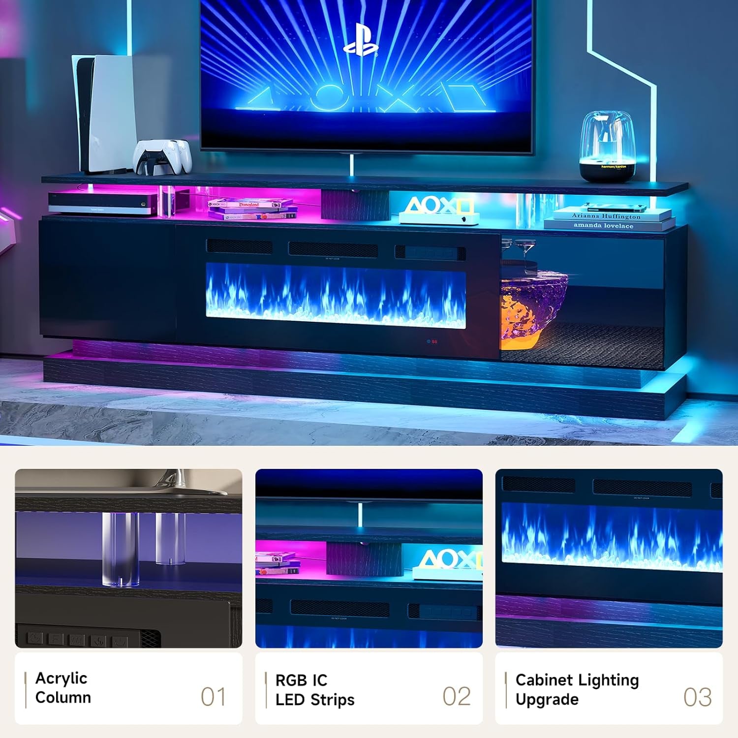 70" Fireplace TV Stand, Modern Entertainment Center for Tvs up to 80”, TV Console with Storage Cabinets, Media Console for Living Room, Black TV Stand and Black Fireplace