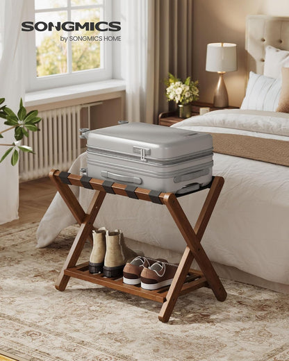 Solid Wood Luggage Rack, No Assembly Required, Foldable Suitcase Stand, Luggage Holder, with Storage Shelf, for Guest Room, Hotel, Bedroom, Coffee Brown URLR020K02