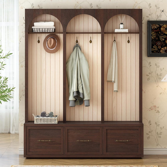 Hall Tree with Bench & 3 Large Storage Drawers, Arched Design Farmhouse Wooden Style 59" Wide Entryway Coat Rack with 8 Hooks for Mudroom, Living Room (Dark Walnut, 74.8" H)