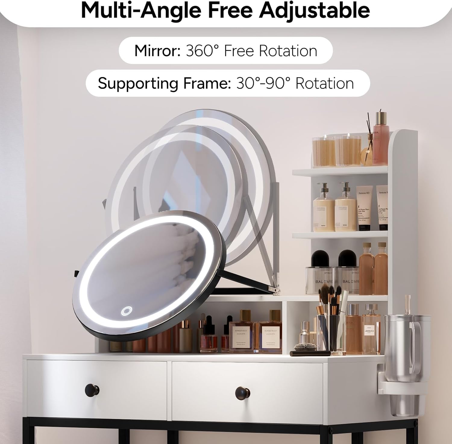 Small  Desk with Mirror for Bedroom: Compact Makeup Table Set with Lights - 31.5 Inch White Dresser Vanities with Chair for Girls