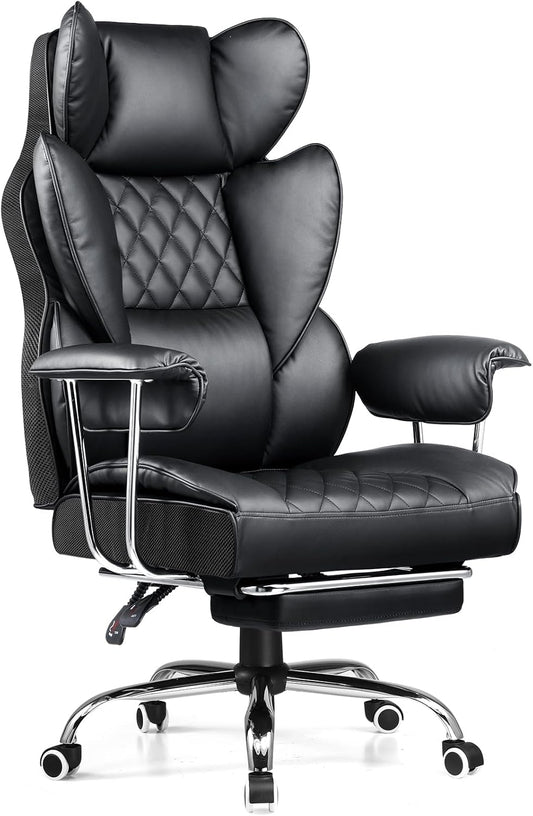 Big and Tall Office Chair, High Back Leather Gaming Chair with Footrest, Executive Ergonomic Office Chair with Pocket Spring Lumbar Support and with Outward Fixed Soft Armrests
