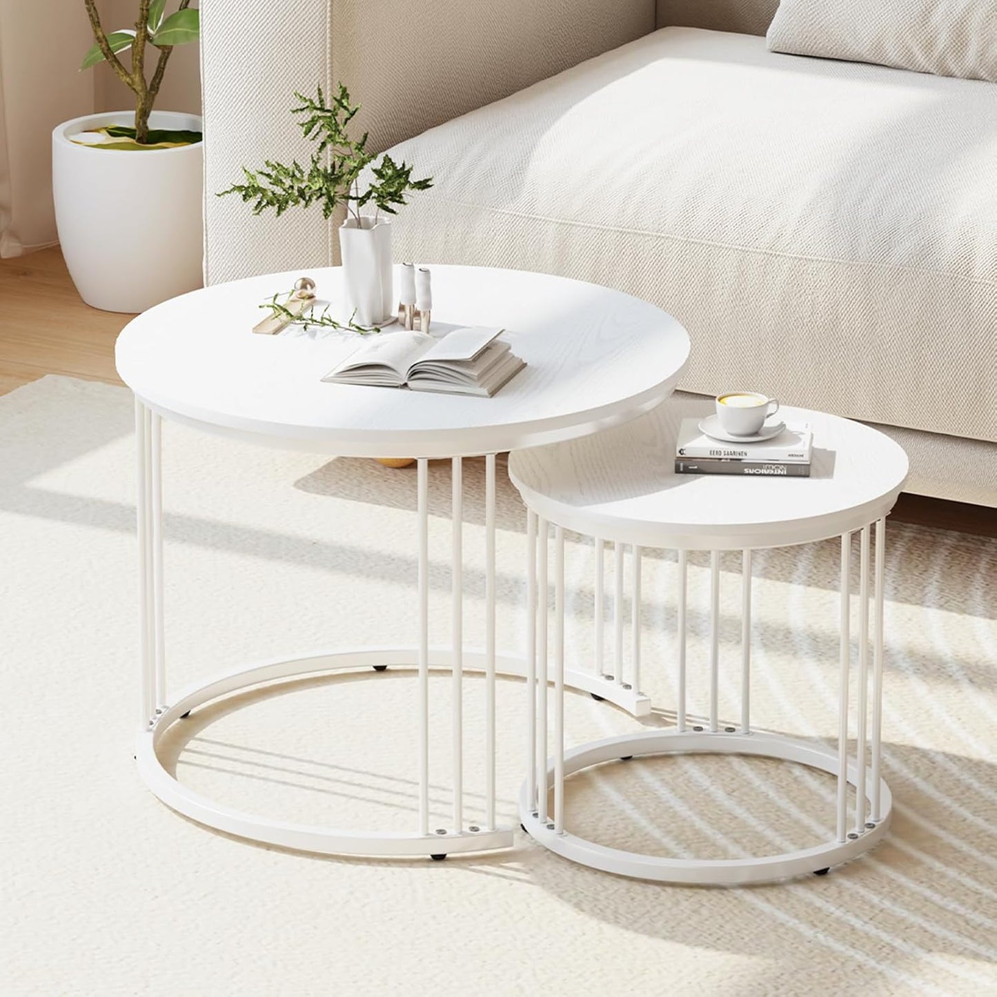 Nesting Coffee Table, 23.6" round Coffee Table Set of 2, Wooden Nesting Table with Metal Frame, Ceter Tables for Living Room Bedroom Balcony, White
