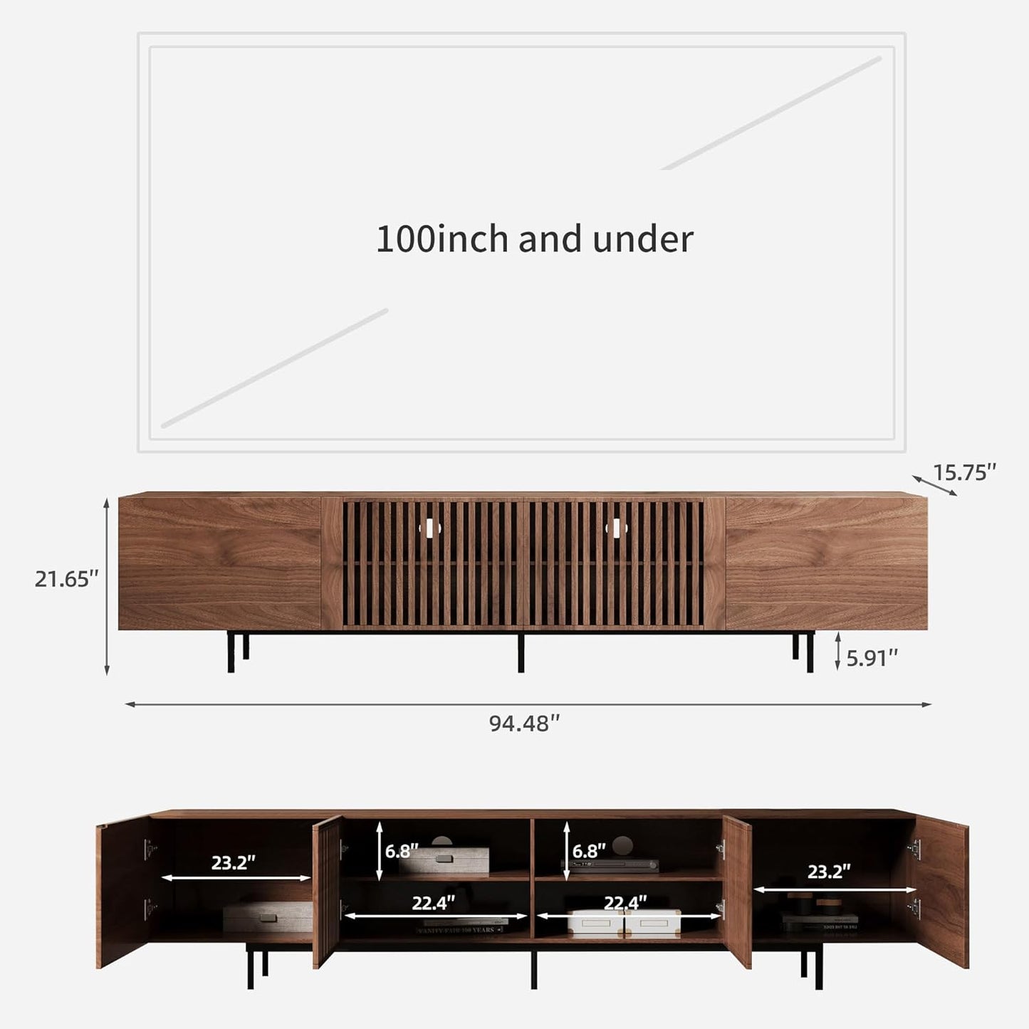 Mid Century Modern TV Stand with 4 Doors, 94.48 Inch Wide Entertainment Center TV Console for Living Room Bedroom, Media Console TV Cabinet with Storage Walnut