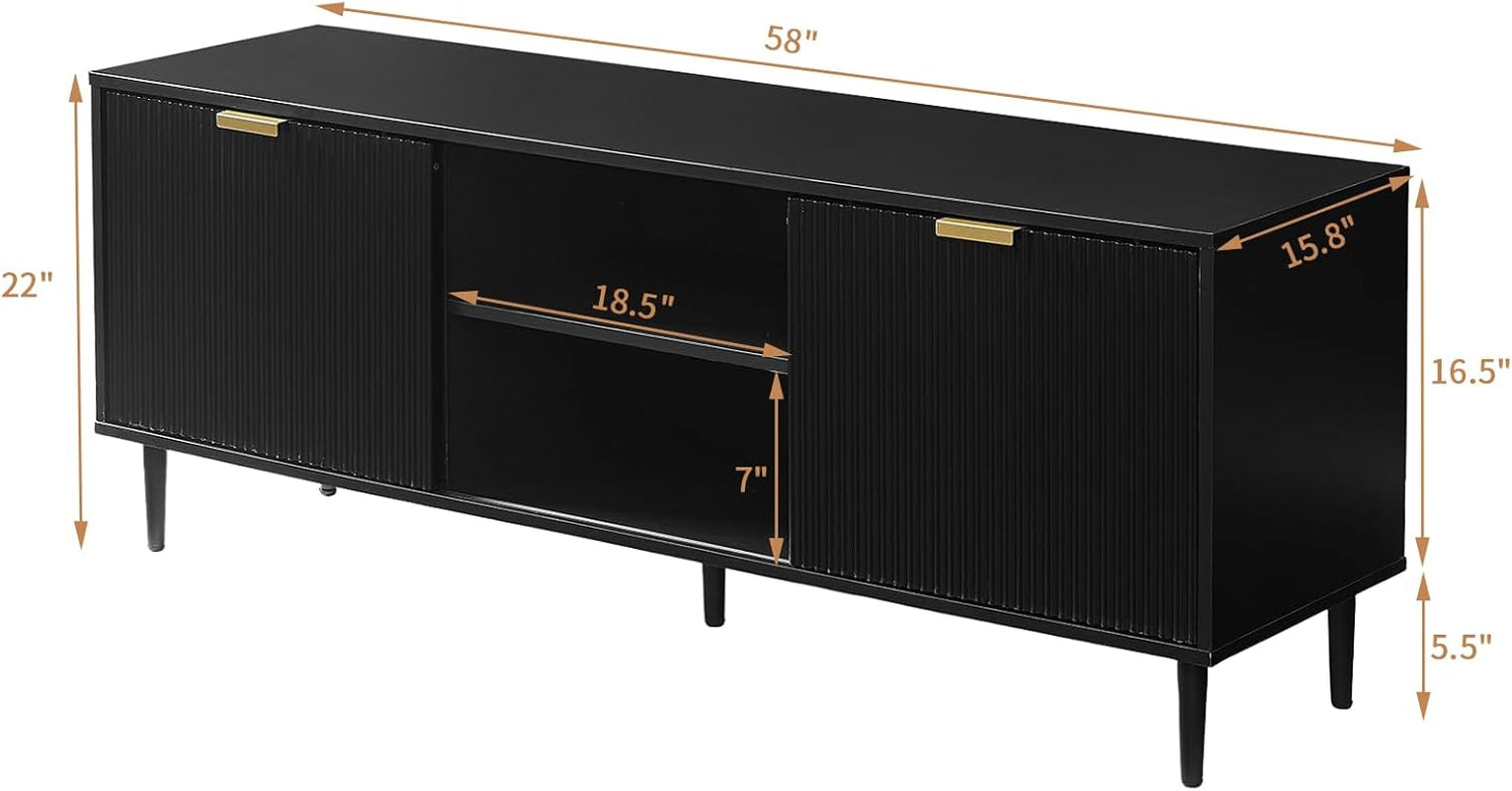 Black TV Stand, Modern TV Consoles for Living Room 65+ Inch TV, Fluted Panel Media Console with Sliding Doors & Ajustable Shelves, Entertainment Stand with Storage Cabinets